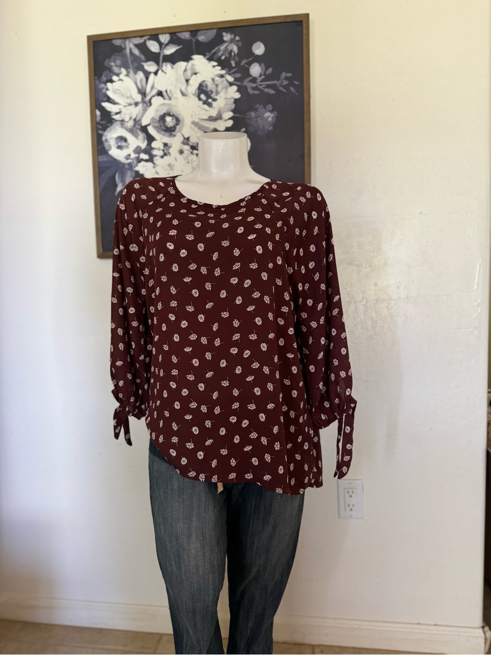 Papermoon Maroon Floral Tie-Cuff Blouse NWOT